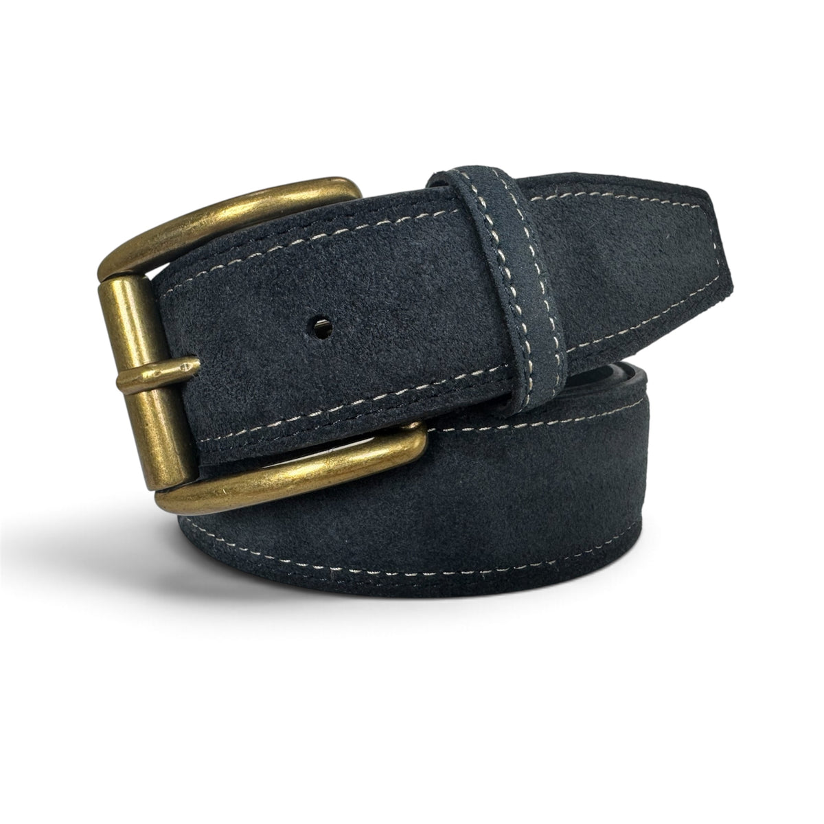ITALIAN SUEDE BELT – NAVY BLUE – CONTRAST STITCH – BRASS BUCKLE – 40MM