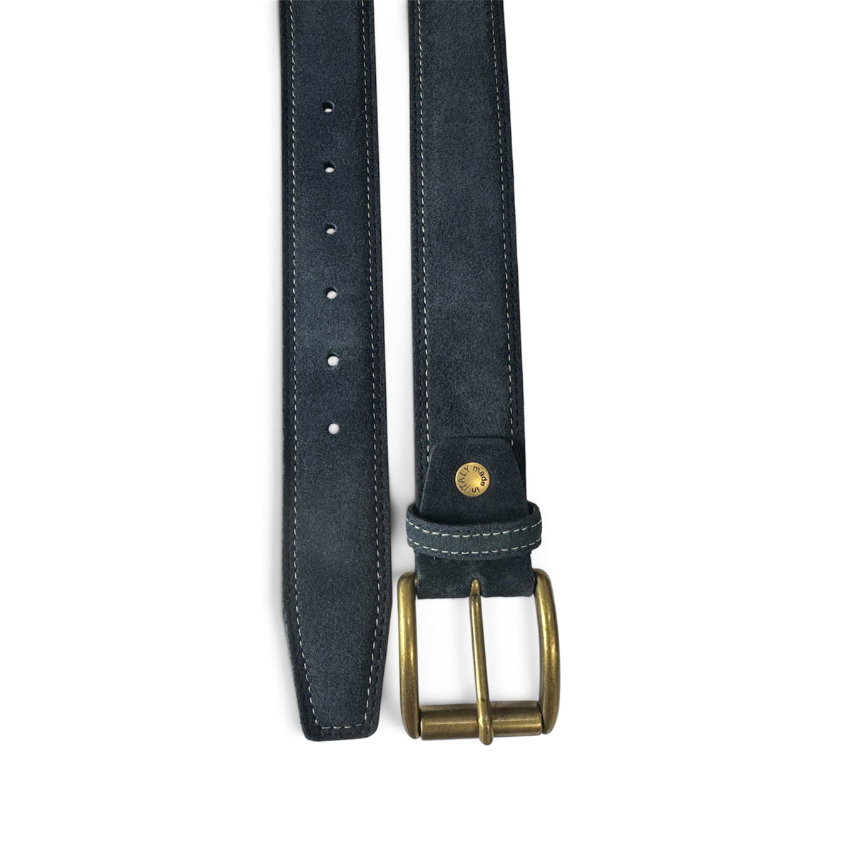 ITALIAN SUEDE BELT – NAVY BLUE – CONTRAST STITCH – BRASS BUCKLE – 40MM