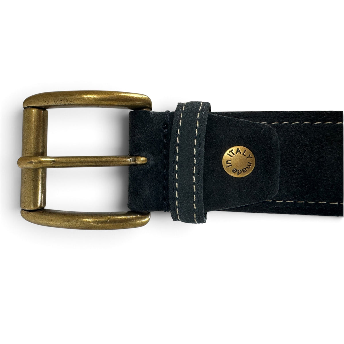 ITALIAN SUEDE BELT – NAVY BLUE – CONTRAST STITCH – BRASS BUCKLE – 40MM
