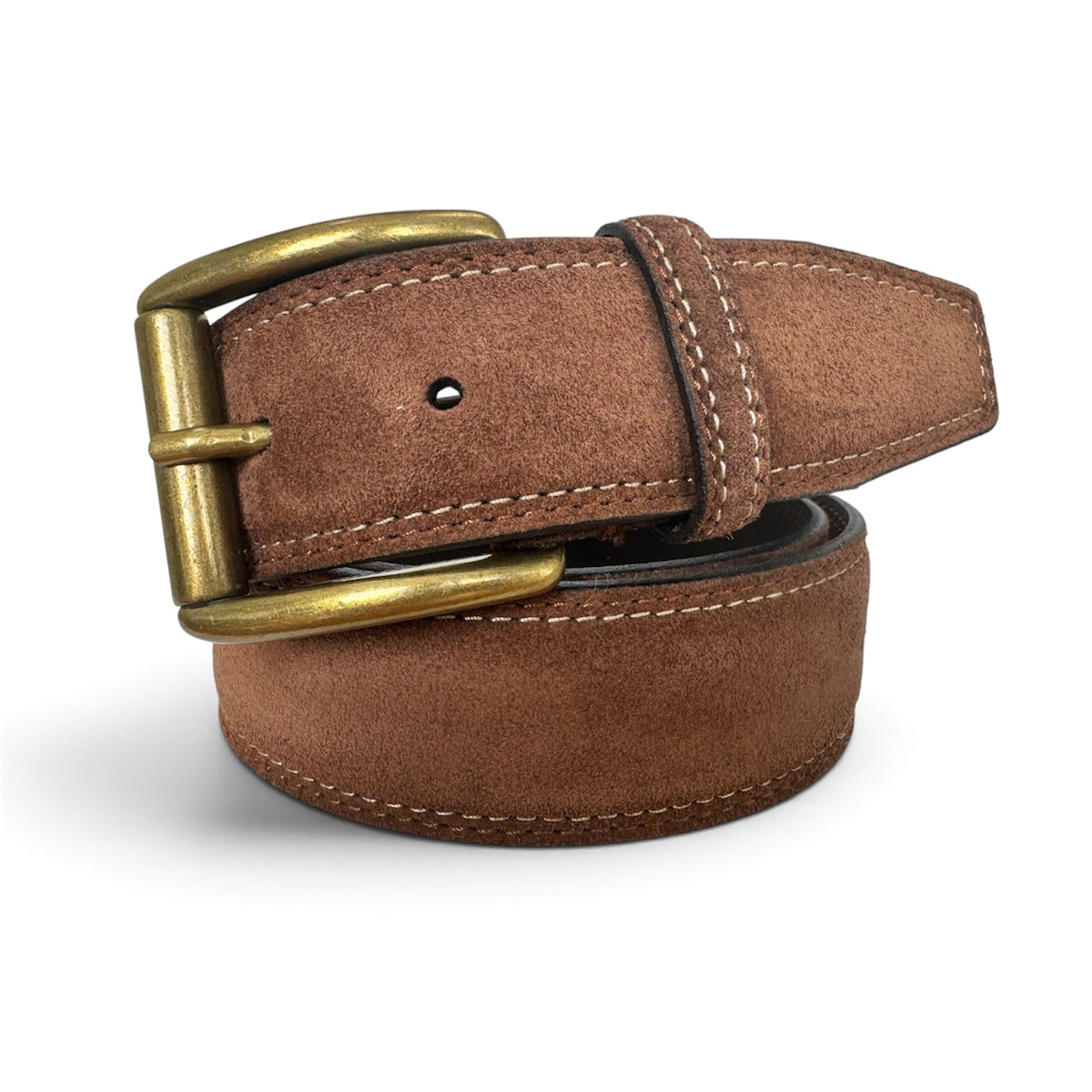 ITALIAN SUEDE BELT – COGNAC TAN – CONTRAST STITCH – BRASS BUCKLE – 40MM
