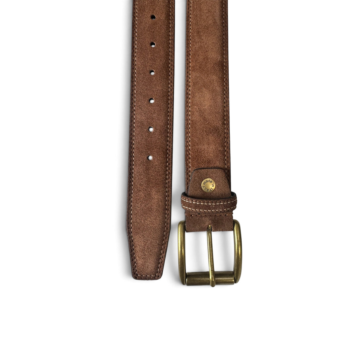 ITALIAN SUEDE BELT – COGNAC TAN – CONTRAST STITCH – BRASS BUCKLE – 40MM