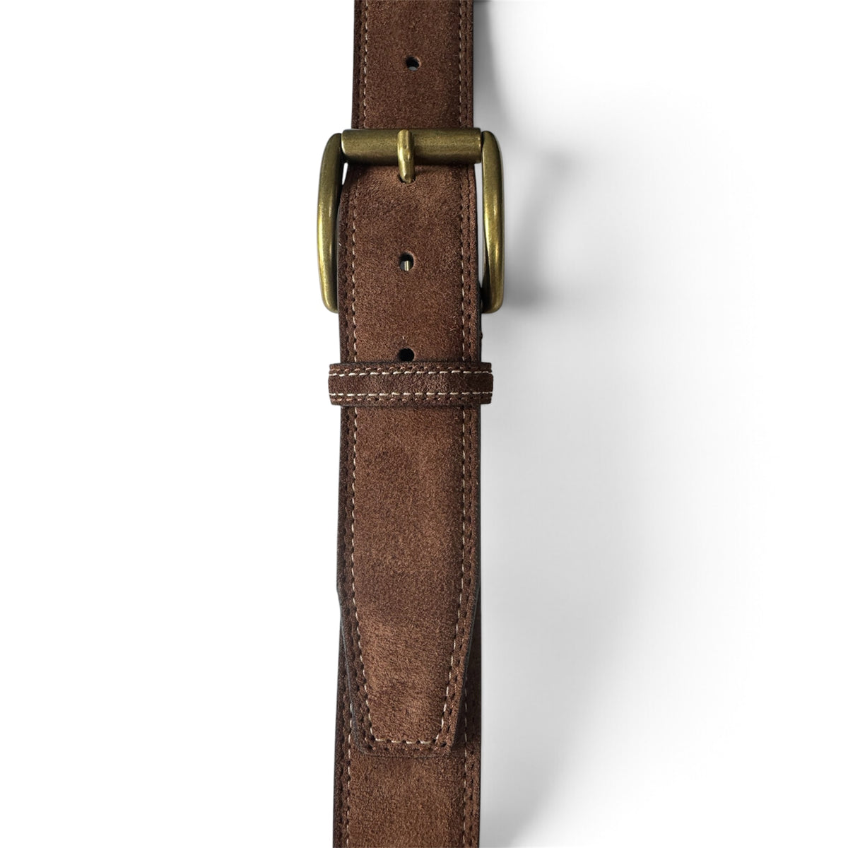 ITALIAN SUEDE BELT – COGNAC TAN – CONTRAST STITCH – BRASS BUCKLE – 40MM