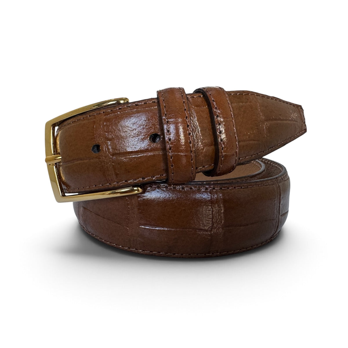 IMPERFECTLY PERFECT – WHISKY TAN CROCODILE PRINT ITALIAN LEATHER BELT – 35MM GOLD BUCKLE