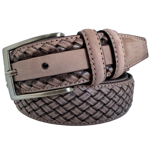 TAUPE LEATHER BRAID WEAVE EMBOSSED 35MM LEATHER BELT