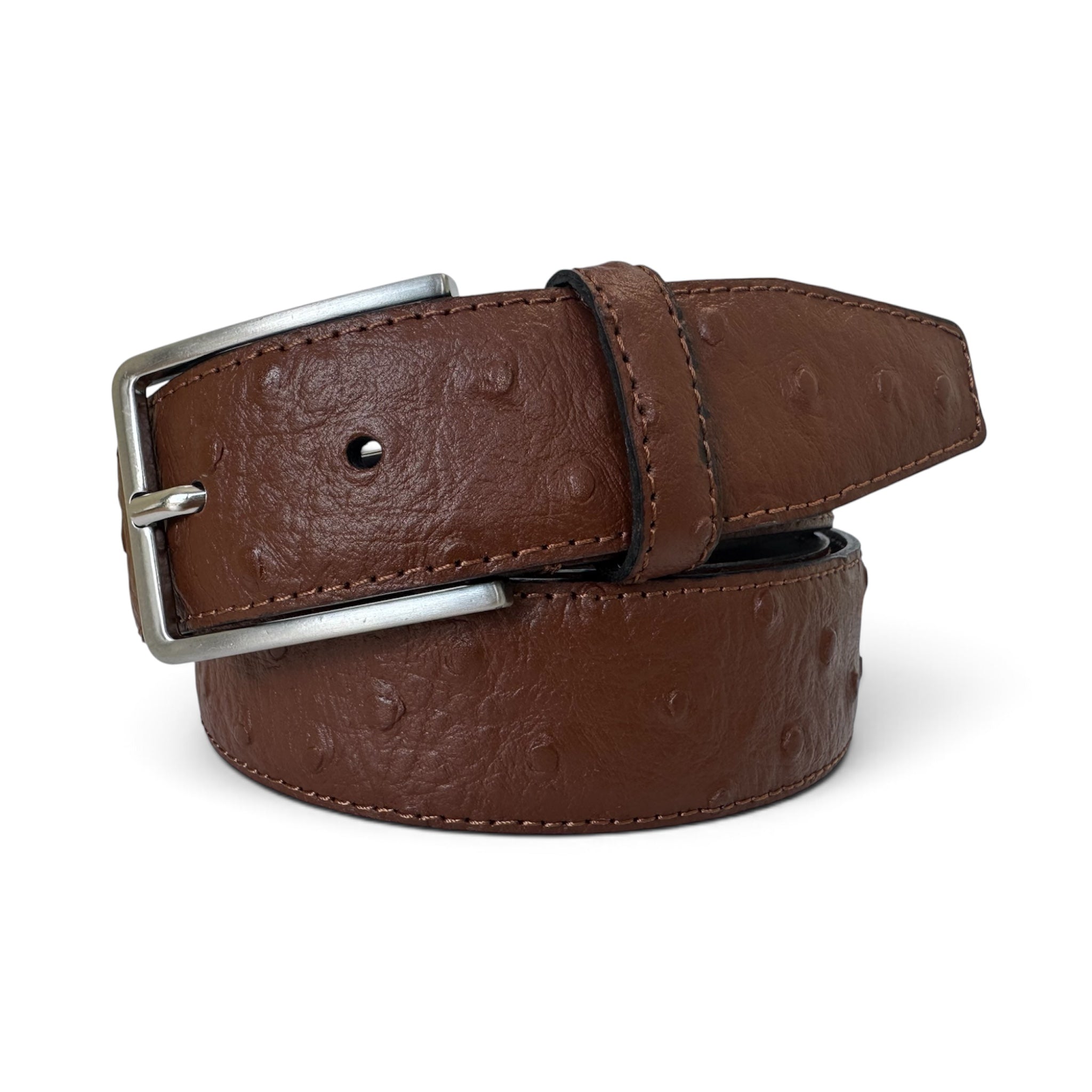 A brown ostrich-textured leather belt with a silver-tone metal buckle, neatly coiled on a white background.