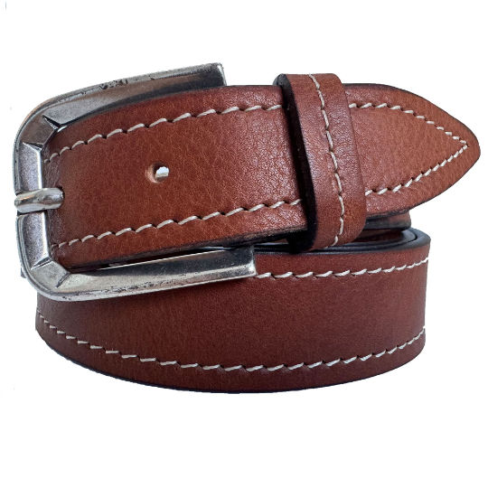 TAN TAPERED TIP CREAM STITCHED LEATHER BELT