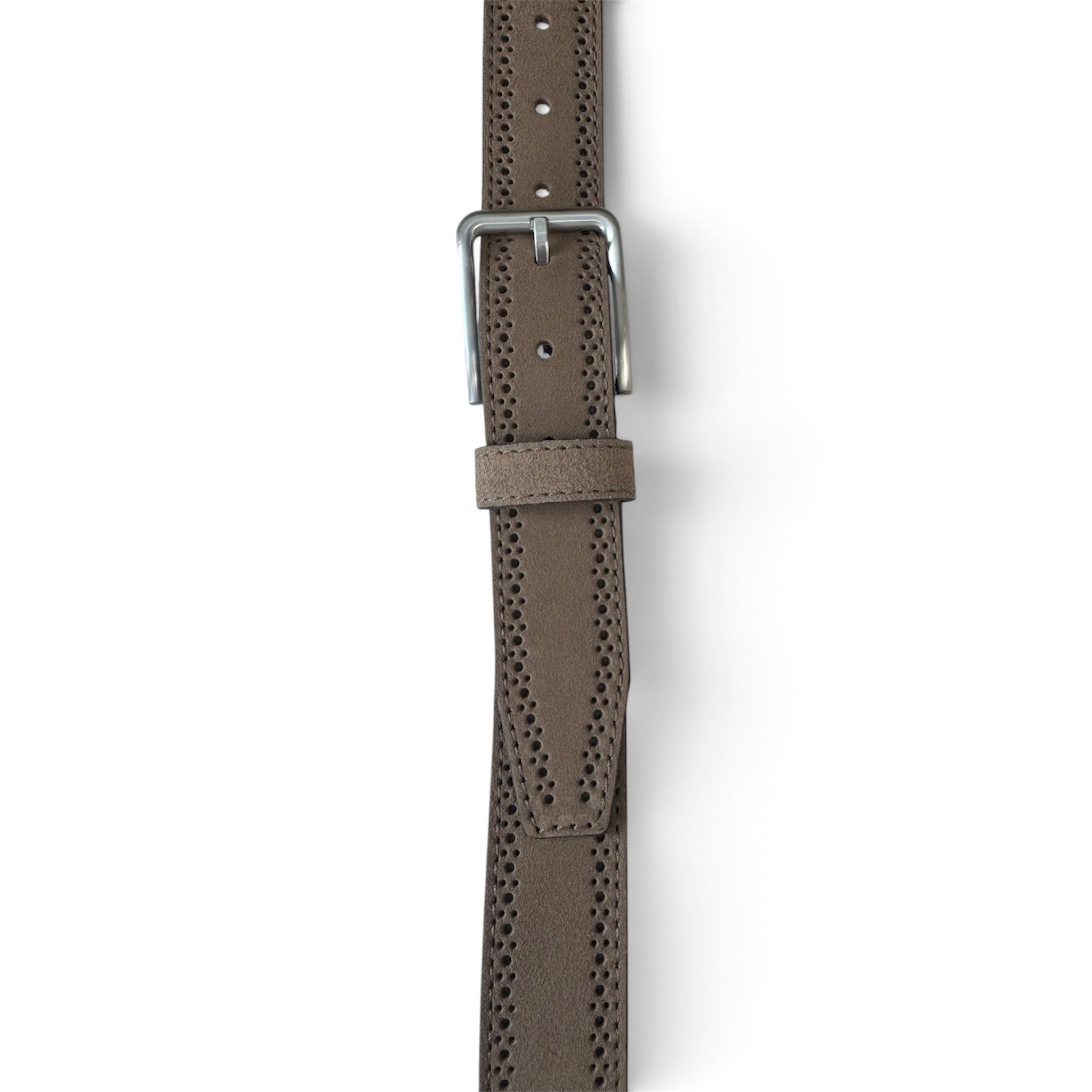 A brown perforated leather watch strap with a silver-tone metal buckle, shown vertically against a plain white background.