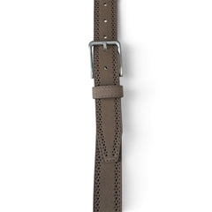 A brown perforated leather watch strap with a silver-tone metal buckle, shown vertically against a plain white background.