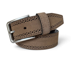A beige perforated  brogue leather belt with a silver-tone metal buckle, coiled on a white background.