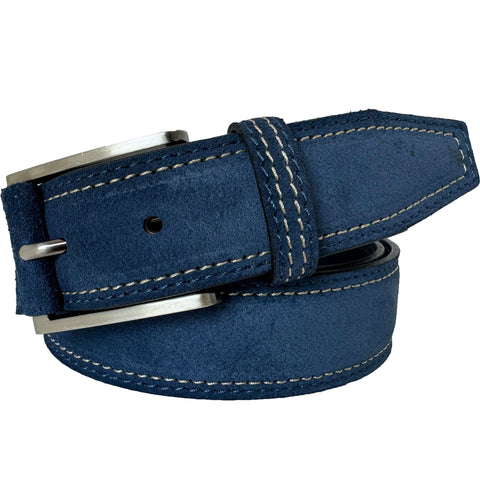 CONTRAST STITCH BLUE SUEDE BELT WITH CREAM STITCHING 35MM