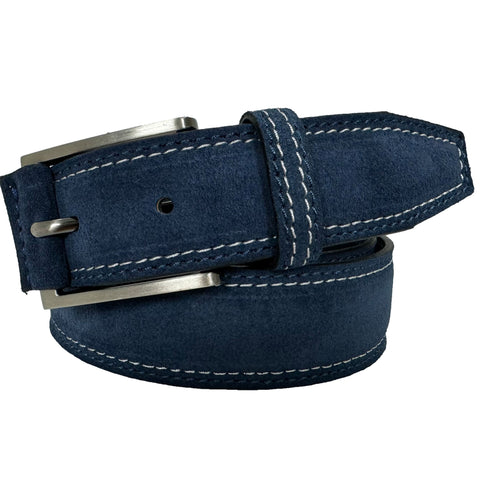 BLUE SUEDE BELT WITH WHITE CONTRAST STITCH 35MM