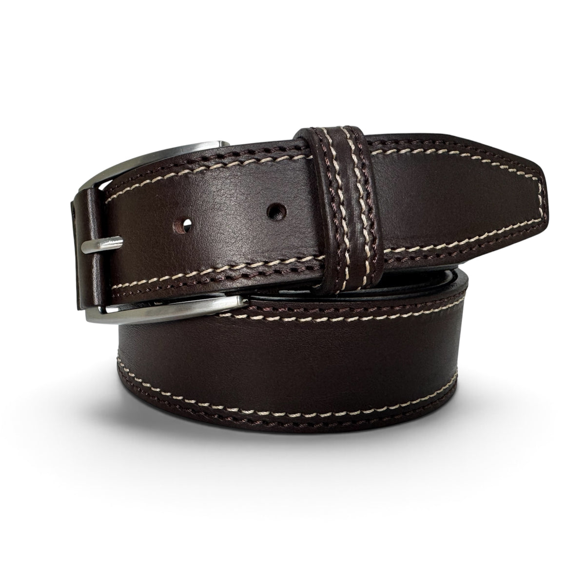 BROWN 40MM ITALIAN LEATHER BELT DOUBLE STITCH