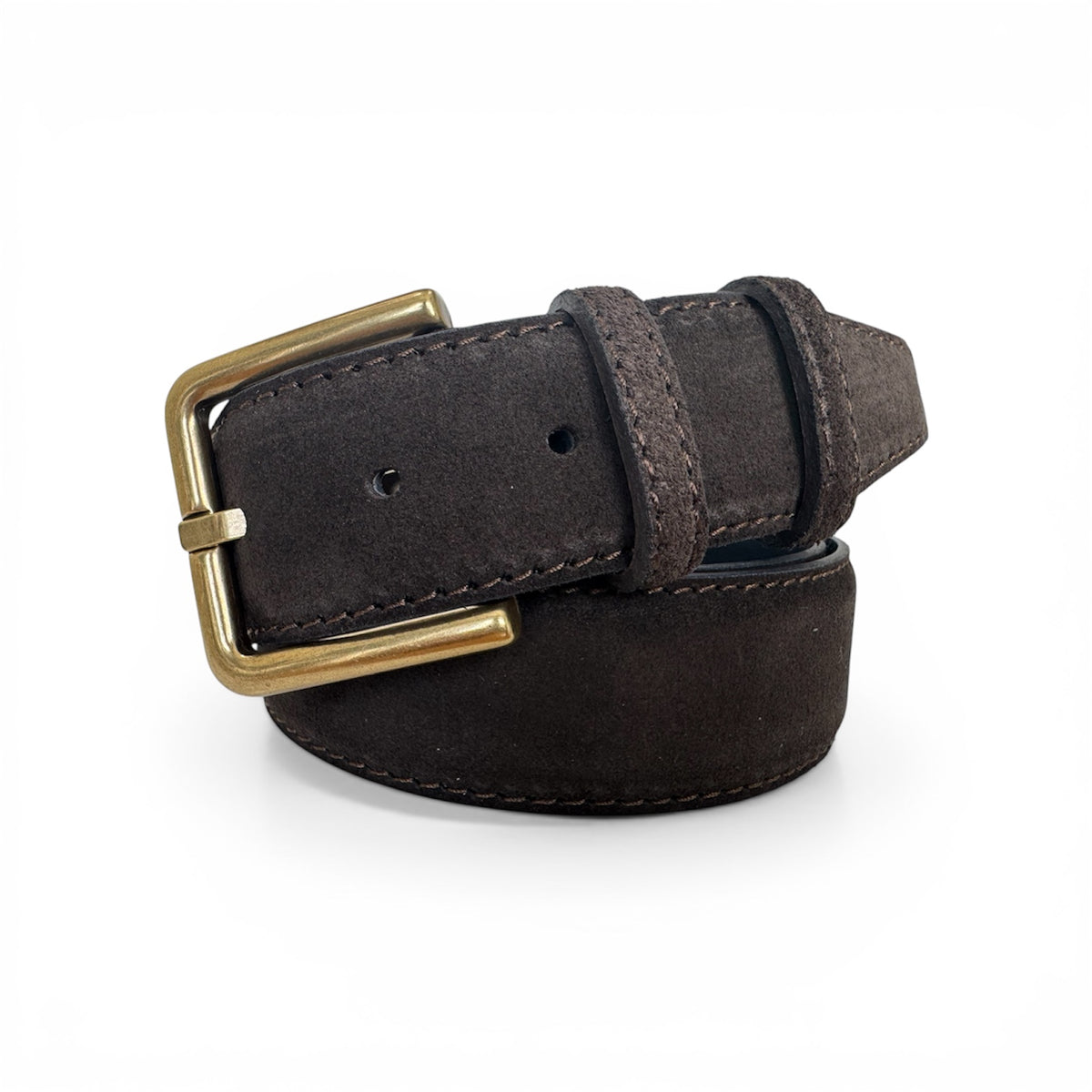 Brown leather belt with a gold buckle on a white background