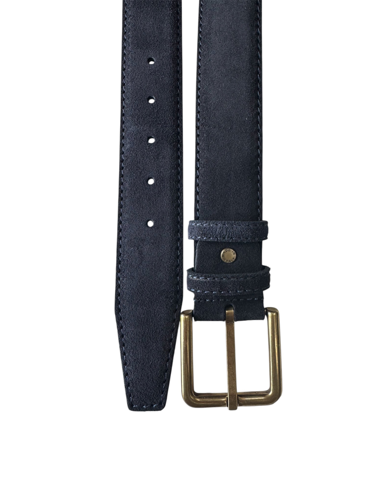 Navy blue suede belt with a gold buckle on a white background