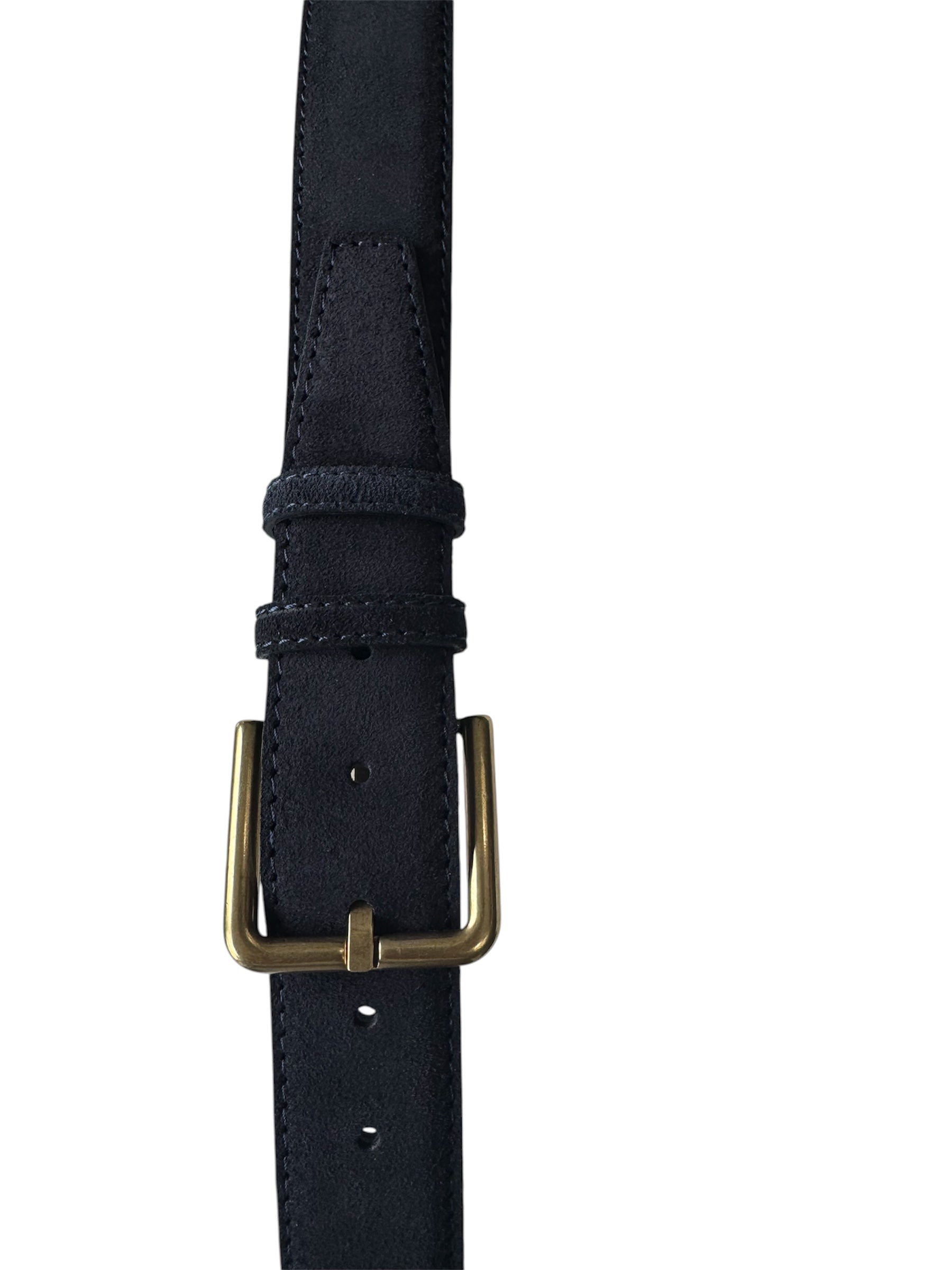 Navy blue leather belt with a brass buckle on a white background