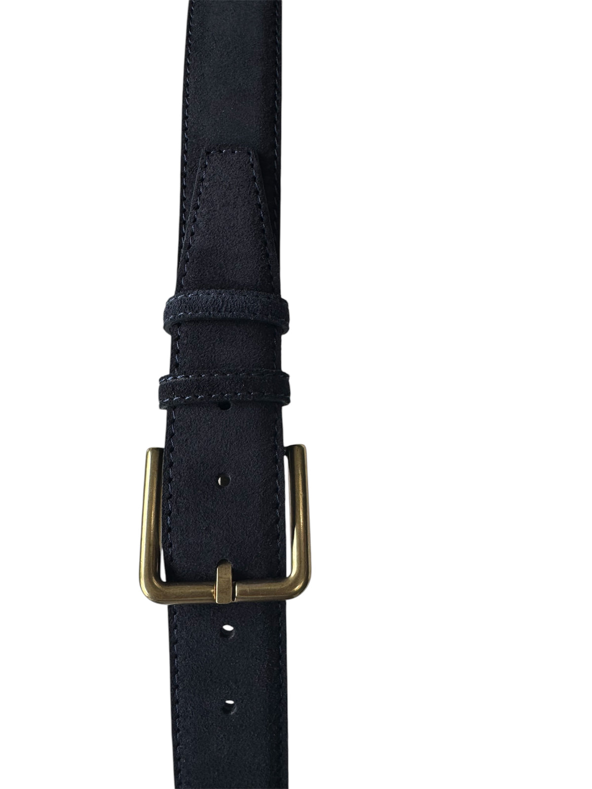 Navy blue leather belt with a brass buckle on a white background