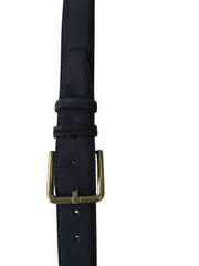 Navy blue leather belt with a brass buckle on a white background