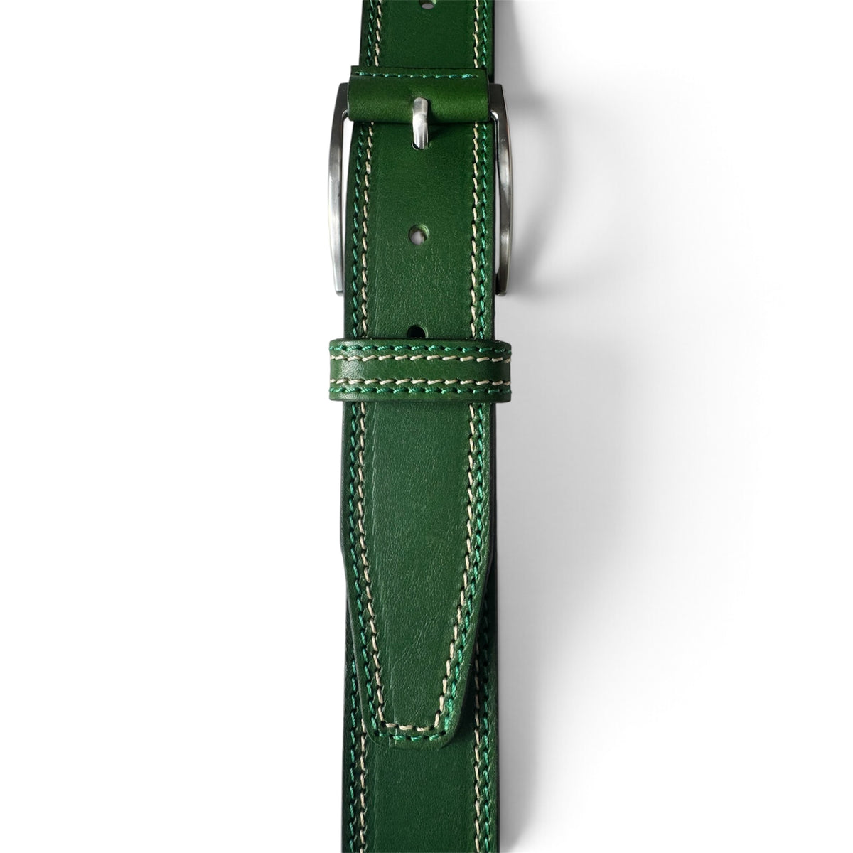 GREEN 40MM ITALIAN LEATHER BELT DOUBLE STITCH