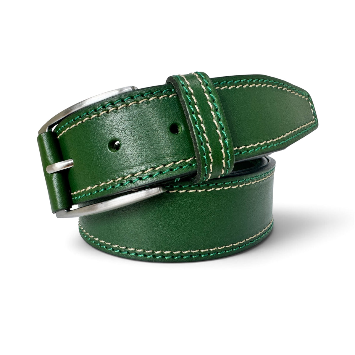 GREEN 40MM ITALIAN LEATHER BELT DOUBLE STITCH