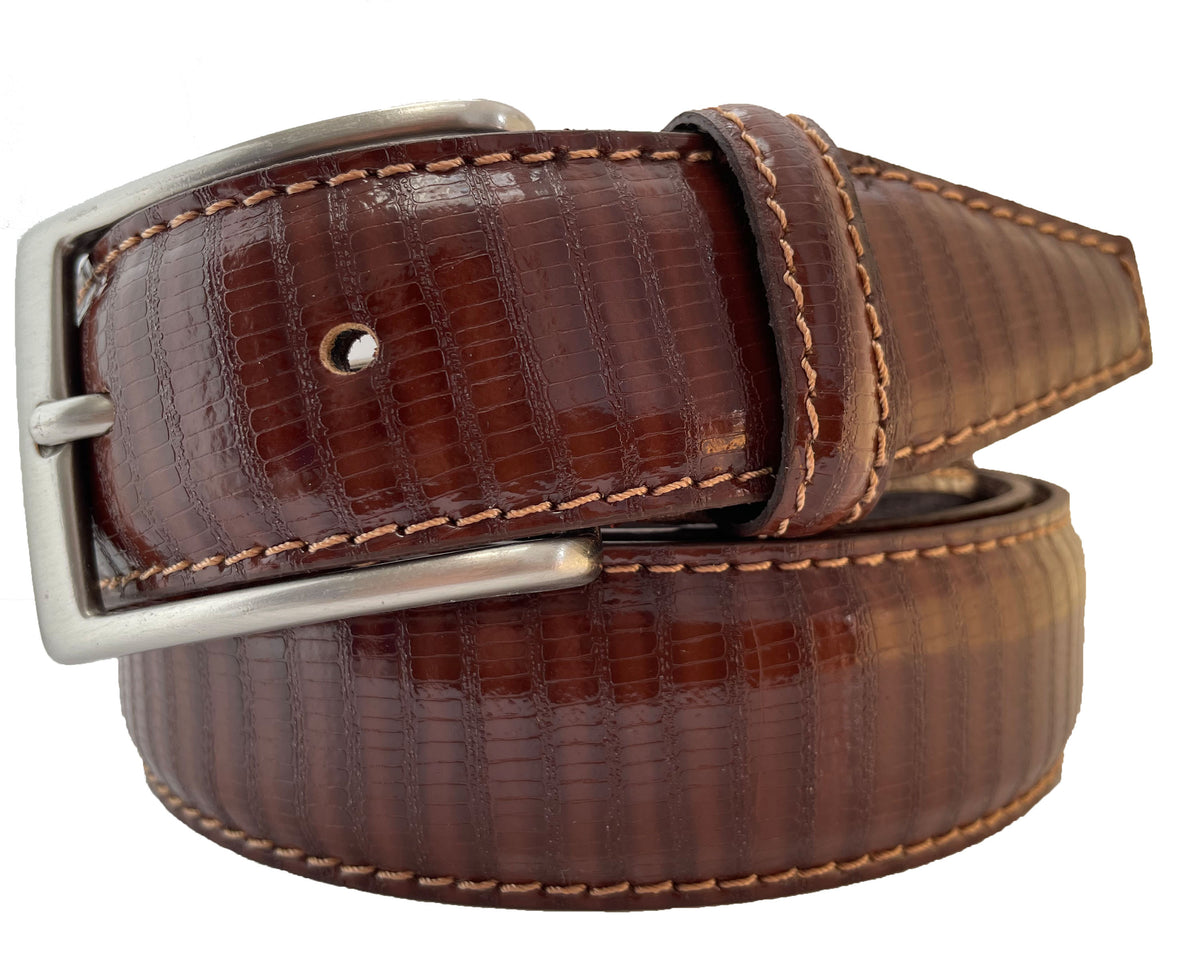 Cognac Tan 35mm Italian Leather Belt Reptile Print