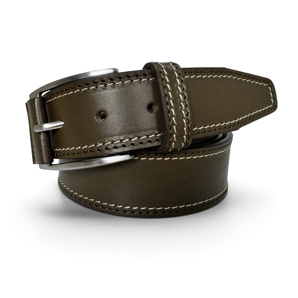 OLIVE BROWN 40MM ITALIAN LEATHER BELT DOUBLE STITCH