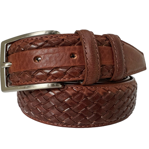 PECAN TAN CALF LEATHER BRAID WEAVE EMBOSSED 35MM LEATHER BELT