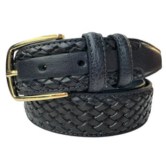 DARK NAVY BLUE CALF LEATHER BRAID EMBOSSED 35MM LEATHER BELT GOLD BUCKLE