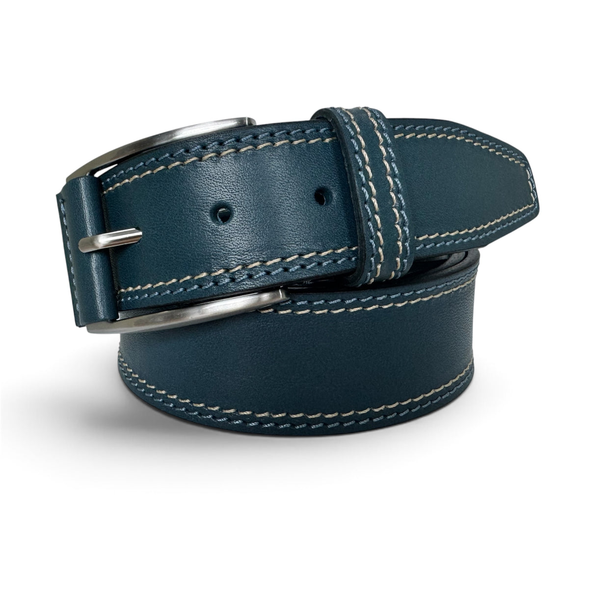SEA BLUE 40MM ITALIAN LEATHER BELT DOUBLE STITCH