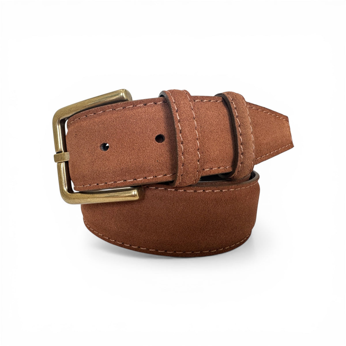 Tan leather belt with a gold buckle on a white background