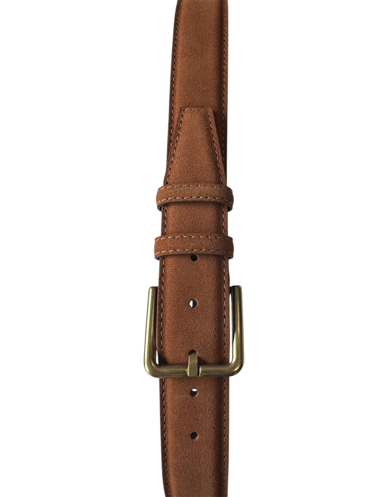 Tan leather belt with brass buckle on a white background