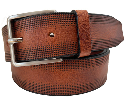 TAN DISTRESSED EMBOSSED HIDE WITH LEATHER LOOP 35MM LEATHER BELT