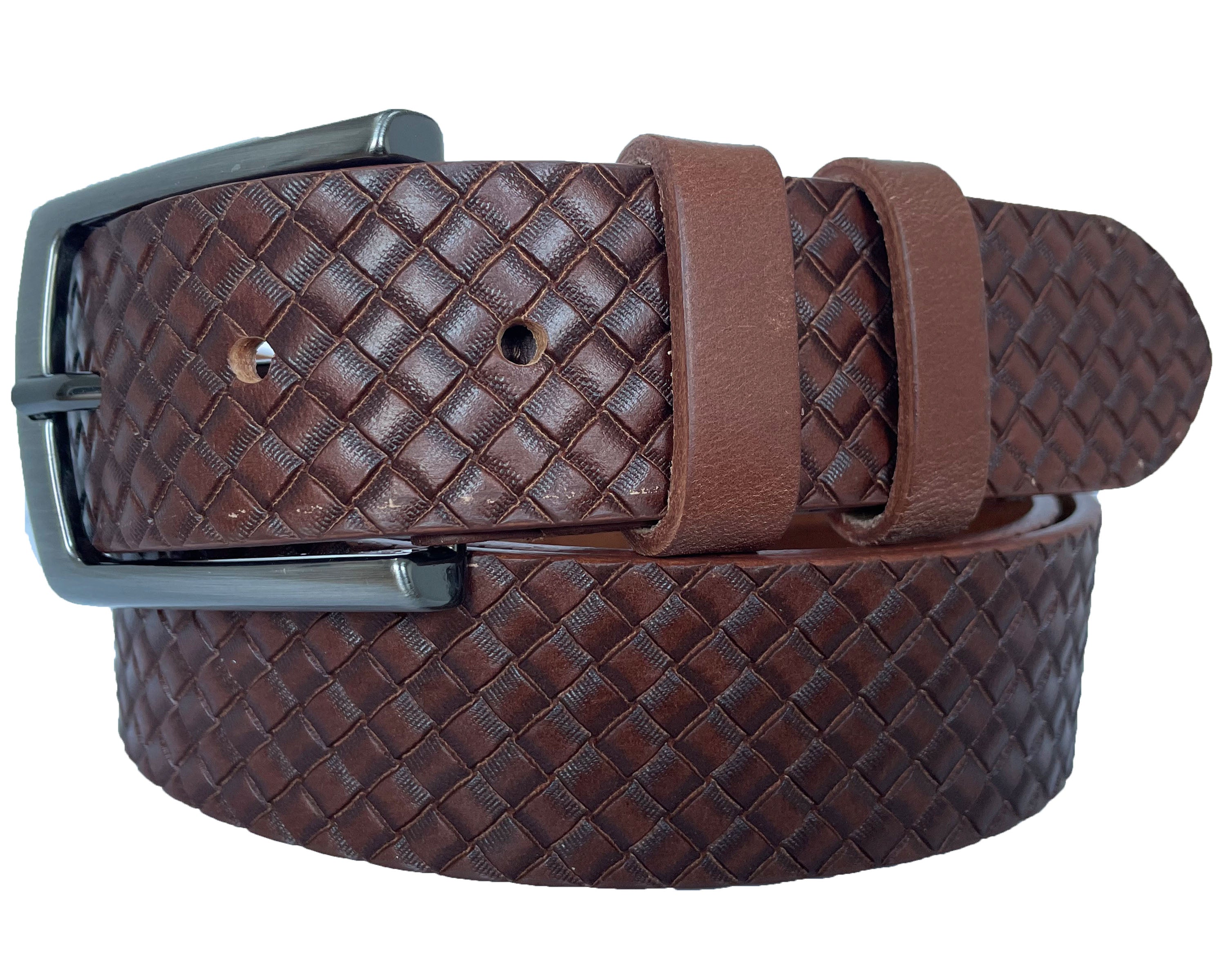 BROWN 35MM CHECK WEAVE EMBOSSED LEATHER BELT