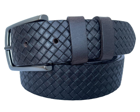 DARK BROWN 35MM CHECK WEAVE EMBOSSED LEATHER BELT