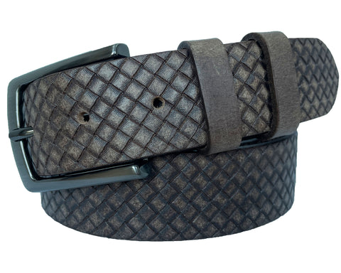 FANGO BROWN 35MM CHECK WEAVE EMBOSSED LEATHER BELT