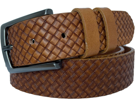 MIELE TAN 35MM CHECK WEAVE EMBOSSED LEATHER BELT