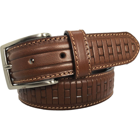 COGNAC TAN GEOMETRIC EMBOSSED 35MM LEATHER BELT