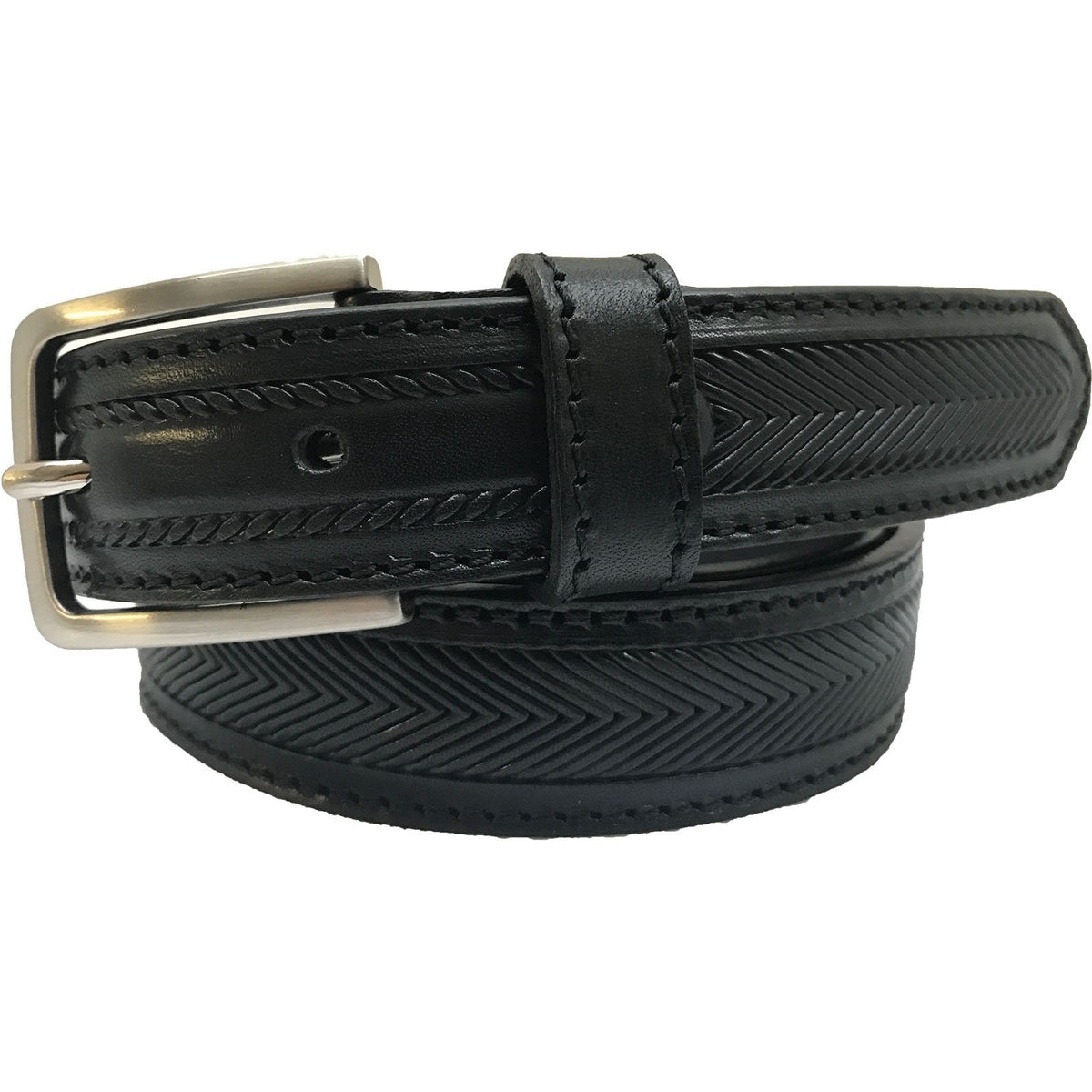 Black 30mm Italian Leather Belt Herringbone Texture