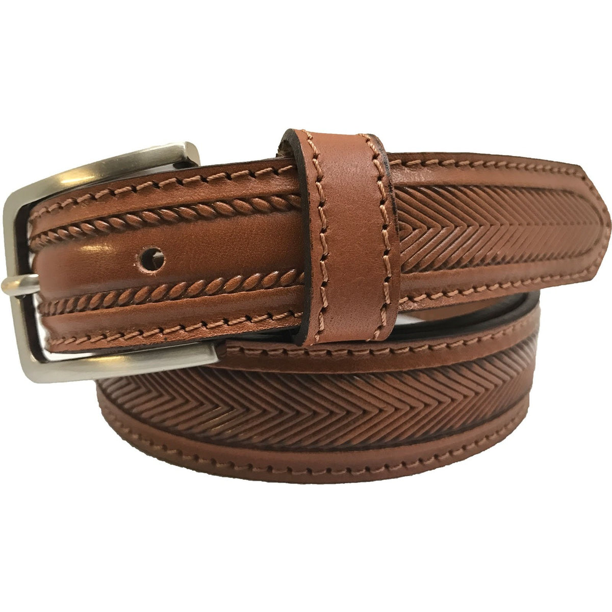 Tan 30mm Italian Leather Belt Herringbone Texture