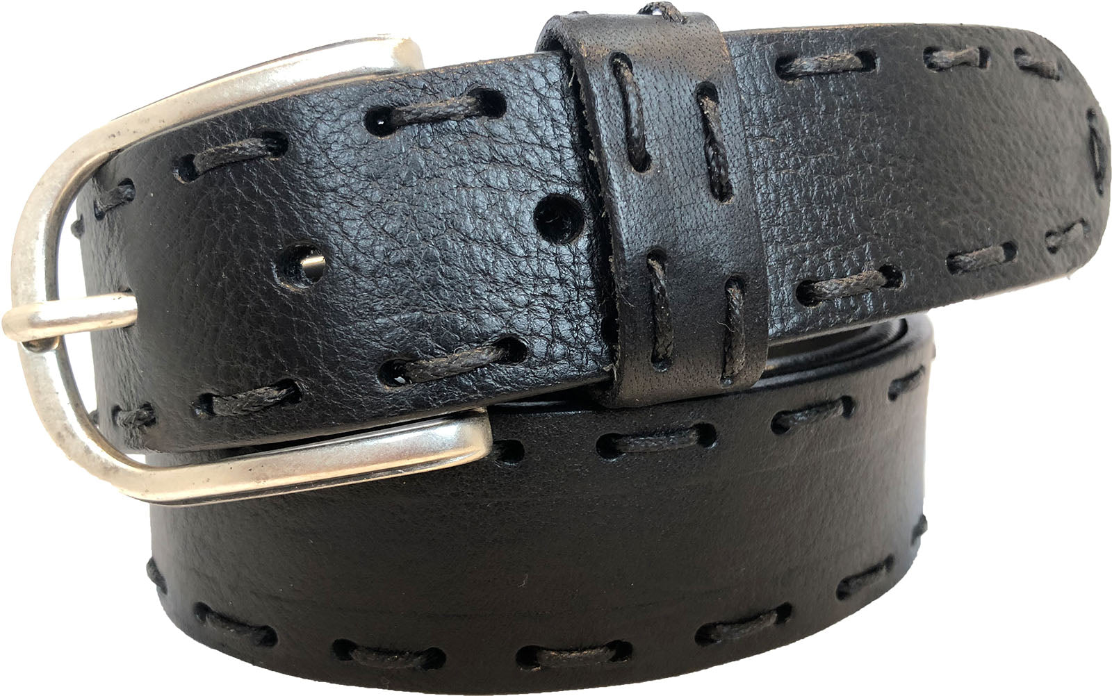 BLACK WITH CRISS CROSS  STITCHING LEATHER BELT