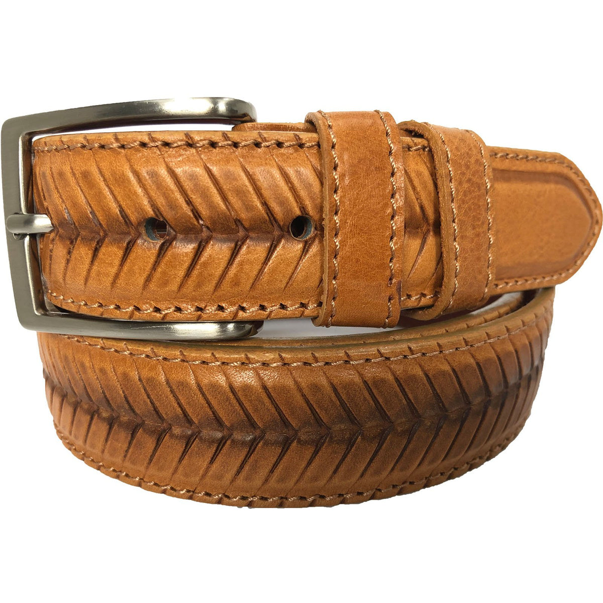 Tan 35mm Italian Leather Belt Chevron Texture