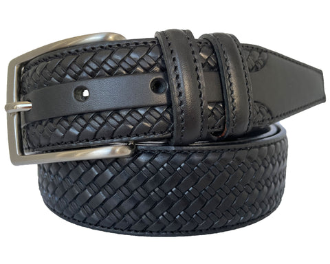 BLACK LEATHER BRAID WEAVE EMBOSSED 35MM LEATHER BELT