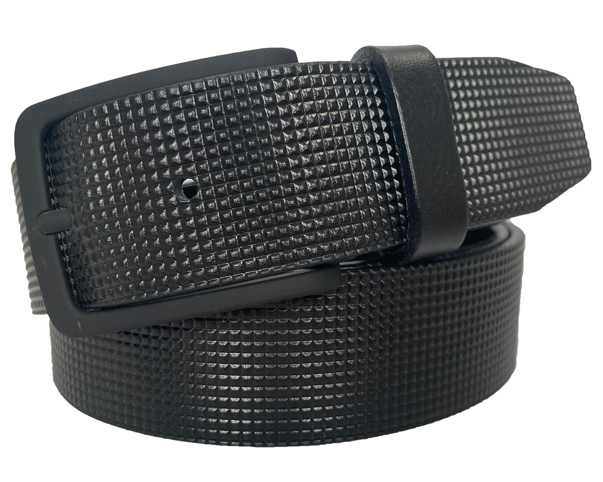 Black 35mm Italian Leather Belt Micro-Check Texture