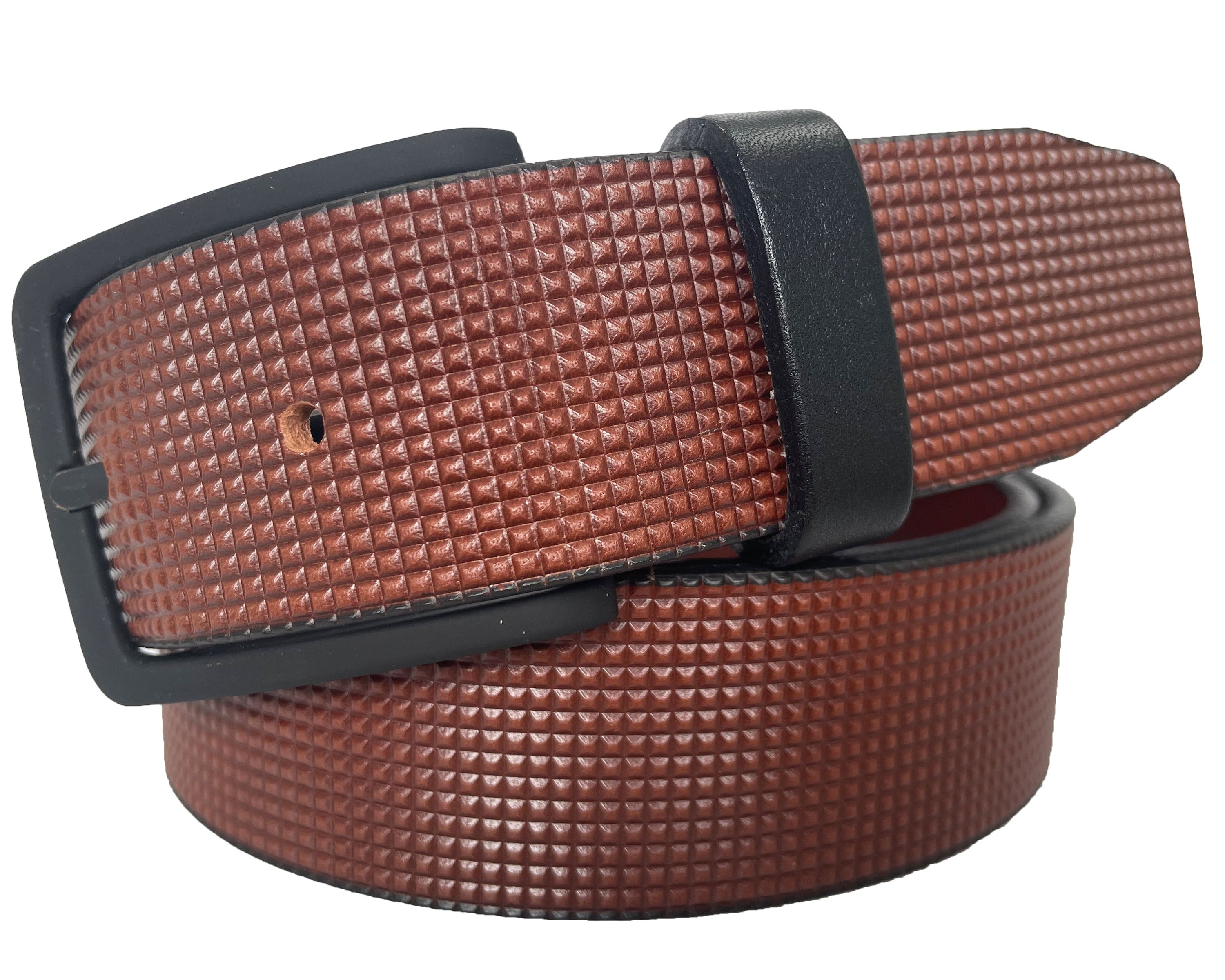 COGNAC TAN 35MM MICRO CHECK EMBOSSED HIDE LEATHER WITH BLACK BUCKLE