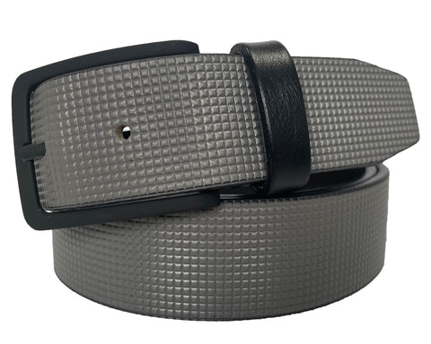 GREY 35MM MICRO CHECK EMBOSSED HIDE LEATHER WITH BLACK BUCKLE
