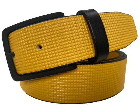YELLOW 35MM MICRO CHECK EMBOSSED HIDE LEATHER WITH BLACK BUCKLE