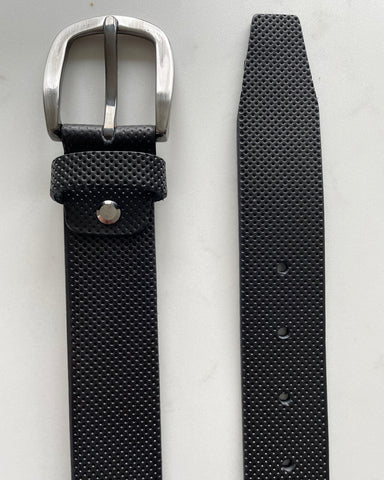 BLACK LEATHER BELT PERFORATED EMBOSSED HIDE 35MM