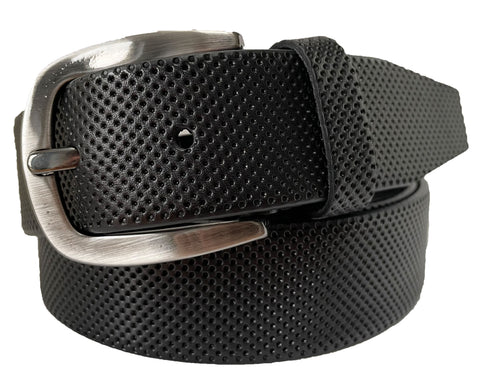 BLACK LEATHER BELT PERFORATED EMBOSSED HIDE 35MM