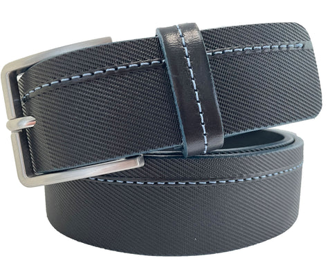 BLACK 35MM WITH EMBOSSING & BLUE  CONTRAST STITCHED LEATHER BELT