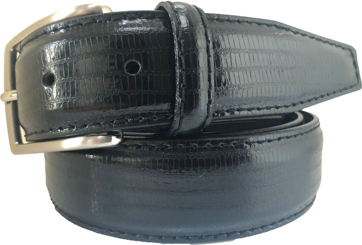 Black 35mm Italian Leather Belt Reptile Print