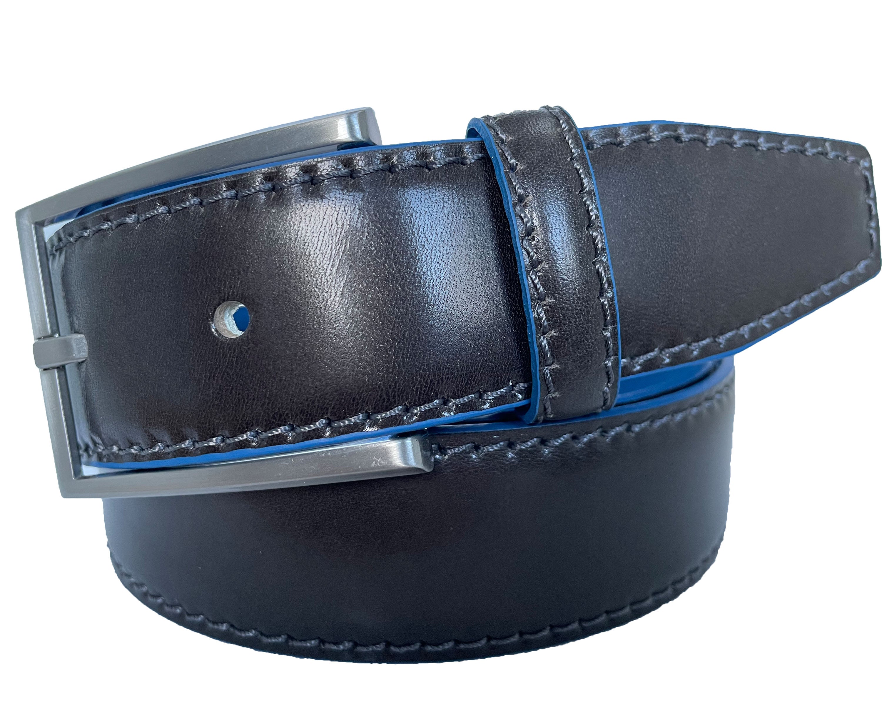 DARK GREY WITH CONTRAST BLUE ACCENTS CALF LEATHER BELT 35MM